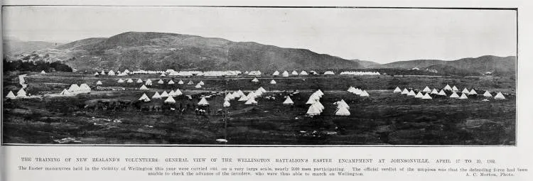 THE TRAINING OF NEW ZEALAND'S VOLUNTE3ERS: GENERAL VIEW OF THE WILLINGTON BATTALION'S EASTER ENCAPMENT AT JOHNSONVILLE, APRIL 17 TO 20, 1908