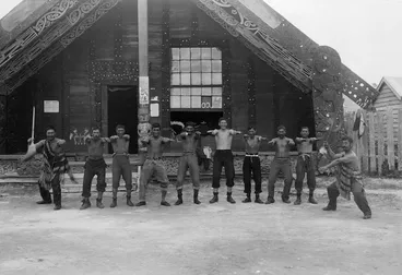 Image: Haka being performed outside Tamatekapua Meeting House, Tamatekapua Marae, Ohinemutu, Rotorua
