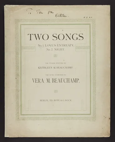 Image: Beauchamp, Vera M : Two songs / words written by Kathleen M Beauchamp ; music composed by Vera M Beauchamp