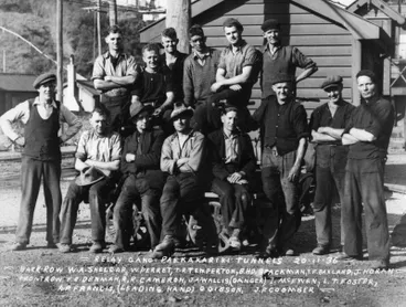 Image: Relay gang Paekakariki Railway tunnels 20 November 1936. W A Snelcar, W Perret, T R Temperton, B H D Spackman, T F Baxland, J Horan Front row: F C Denman, R R Cameron, J A Wallis (ganger), I McEwen, L T Foster, A R Francis (leading hand), G Gibson, J P Coomber.