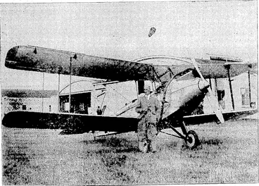 Image: GIFT 'PLANE TO THE WELLINGTON AERO CLUB.—The Sunmonds-Sparlan,. light 'plane, presented by the proprietors of the "Evening Post" whiqh is cxpectedto reach Rdngotai■ Aefodrome shortly before 2 o'clock this afternoon from Christchurch. It will be piloted by Captain: Stedman, . ' seen standing beside the 'plane. '; (Evening Post, 01 February 1930)