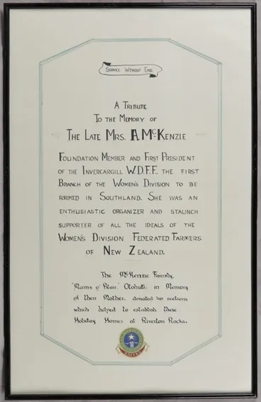Image: Framed citation, Citation to Mrs A. McKenzie of the WDFFNZ