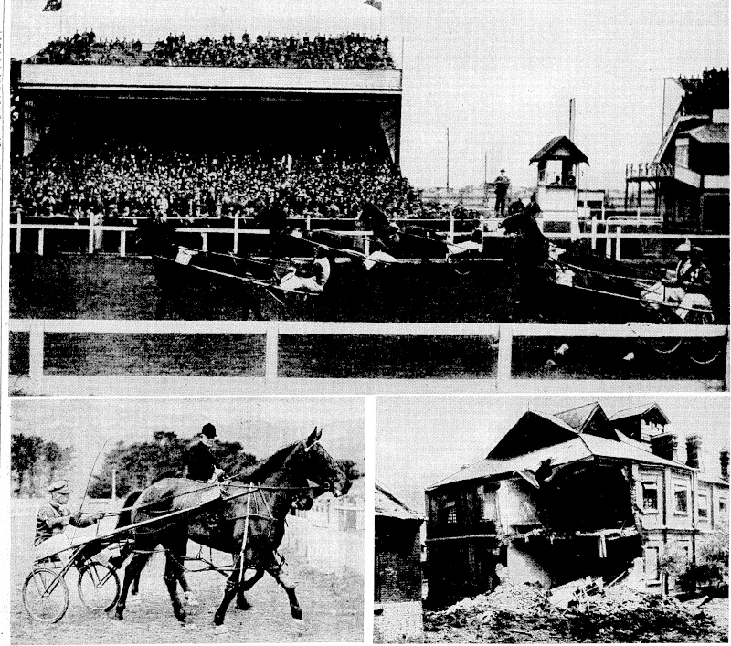 Evening Post" Photo. The start -of the Wellington Stakes. Twos Loose leading out from Sandusky and Blaydon (over on far fence), with the winner, Refund (2), and Horsepower together. In a great race home Refund outstayed Sandusky and Twos Loose. Below, Ironside (F. I, Smith), winner of the Bollard Memorial Handicap. "Sport and General" Photo. A direct hit by Japanese gunners – at the corner of one of the buildings of the Nsi Yorn Barracks, near Peking. (Evening Post, 13 September 1937)