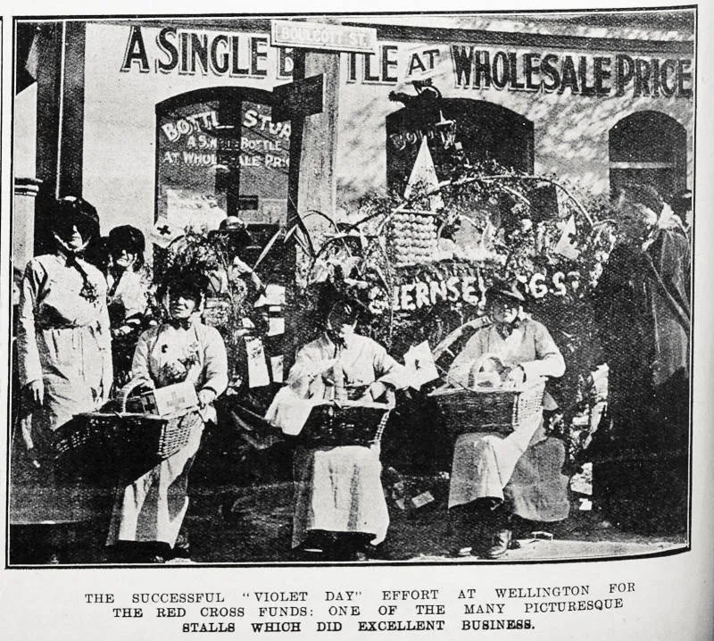 The successful 'Violet Day' effort at Wellington for the Red Cross funds: one of the many picturesque stalls which did excellent business