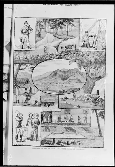 Image: Illustrated New Zealand News :Sketches on Te Aroha goldfield. Illustrated New Zealand News, 21 January 1884.