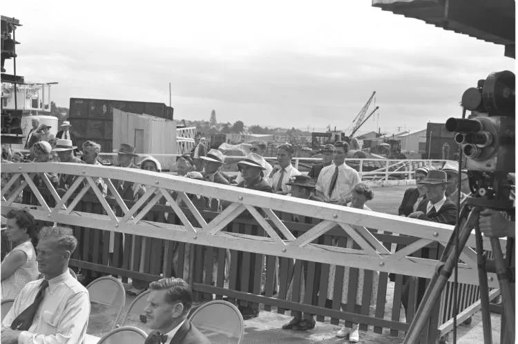 Unveiling the foundation stone for the Auckland Harbour Bridge, Westhaven, 1956