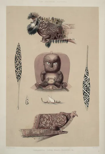 Image: Angas, George French, 1822-1886 :Ornamental canoe heads, paddles &c. / George French Angas delt & lithog. Plate 42. 1847.