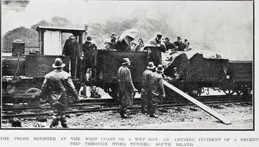 Image: The Prime Minister at the West Coast on a wet day: an amusing incident of a recent trip through Otira Tunnel, South Island