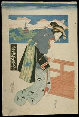 A Well-known beauty of Edo leaning on the railing of a house. In the background a scene of Asakura Park