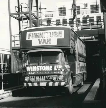 Image: Winstone Publication: 1967 The huge Winstone Bedford furniture van #1904 moves off the inter-island ferry, "Wahine" on a return trip to and from Christchurch