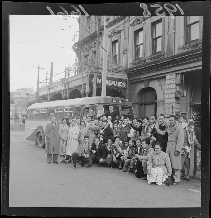 Group of Pacific Islanders ready to travel by bus to Tokoroa for the opening of a new church