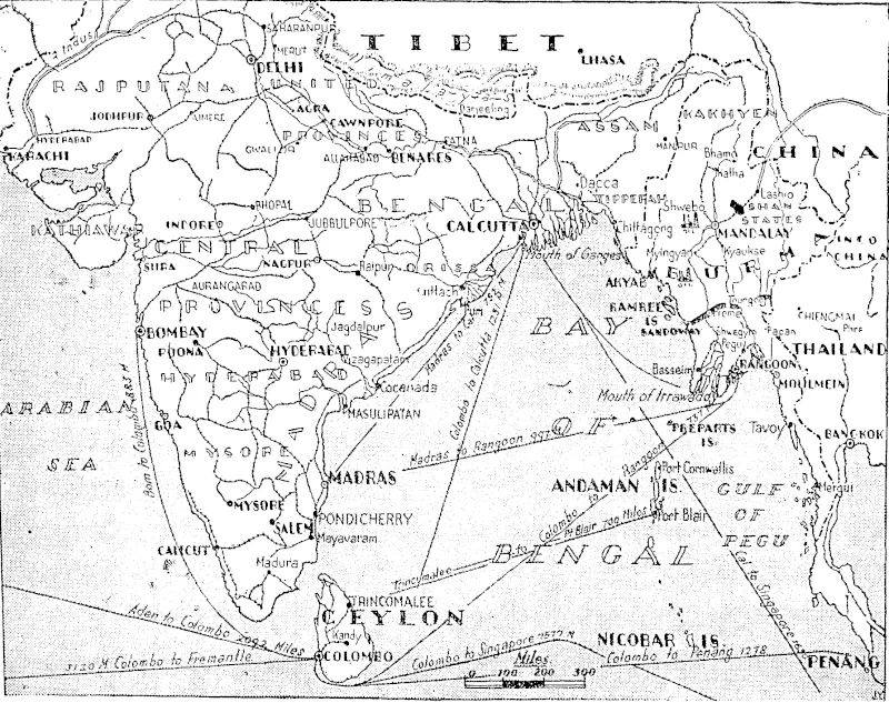 This map shows the location oj Vizagapatam and Cocanada, two important Indian coastal towns ivhich have been bombed by Japanese aircraft. They are situated between 300 and 400 miles north of Madras. (Evening Post, 07 April 1942)