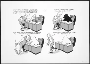 Image: Lodge, Nevile Sidney, 1918-1989 :"Mr. Muldoon, your refusal to include 'Listener' columnist Tom Scott in your official party to India and China is discrimination against a fellow cartoonist!". Evening Post. 18 August 1980.