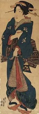 Pillar print: Lady in green and black kimono with red lining