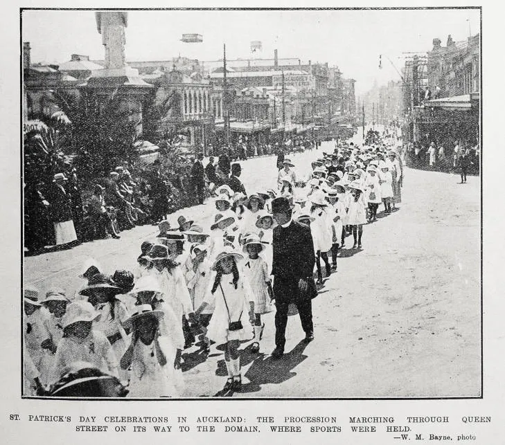 St. Patrick's Day celebrations in Auckland: the procession marching through Queen Street on its way to the Domain, where sports were held