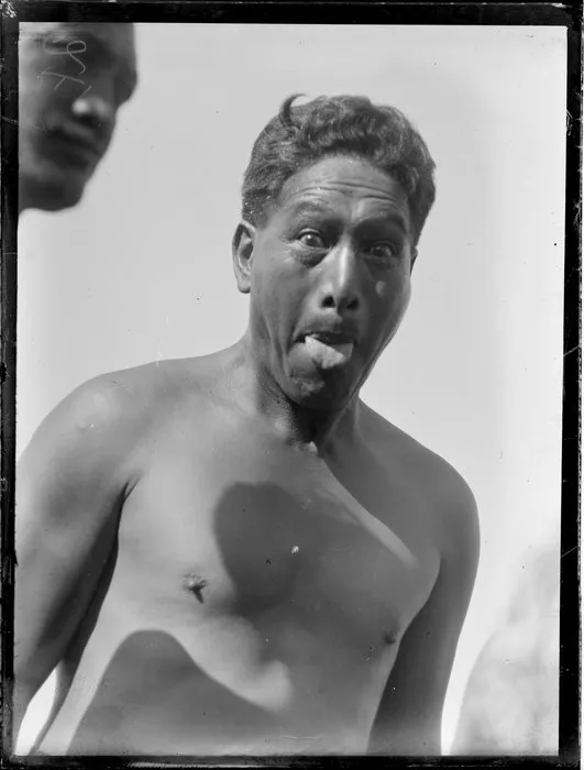 Māori man performing pūkana, Waikato