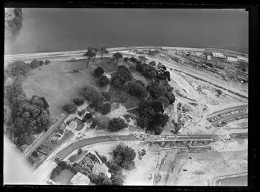 Image: Auckland Harbour Bridge under construction, Westhaven, Auckland, including Point Erin Park and approach roads