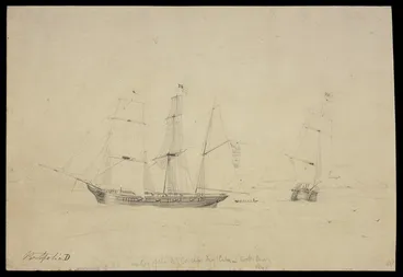 Image: Heaphy, Charles 1820-1881 :Meeting of the N.Z. Co's ships Tory & Cuba in Cook's Straits, 1840