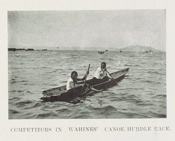 Competitors in wahines' canoe hurdle race