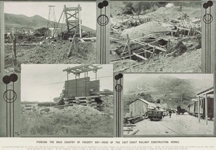 Piercing the back country of Poverty Bay - head of the East Coast railway construction works