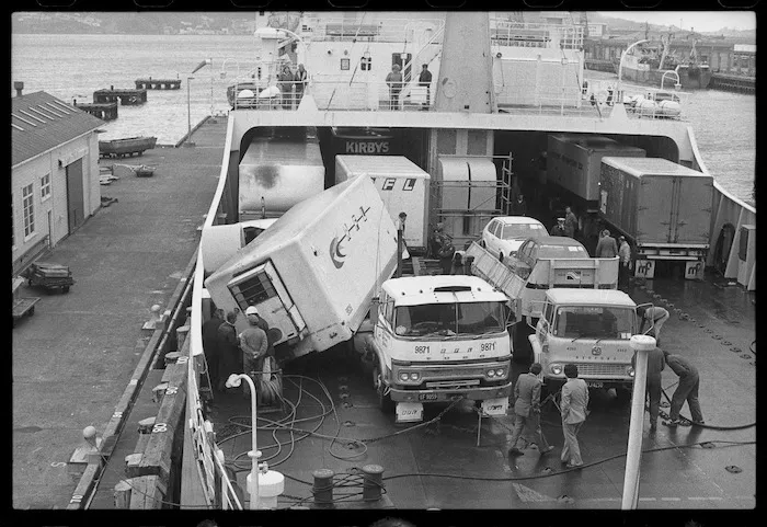 Fallen container in hold of Cook Strait ferry, Arahanga - Photograph taken by John Nicholson