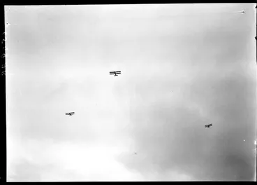 Image: Arrival of the Southern Cross at Wellington, possibly Trentham. Three planes in the sky