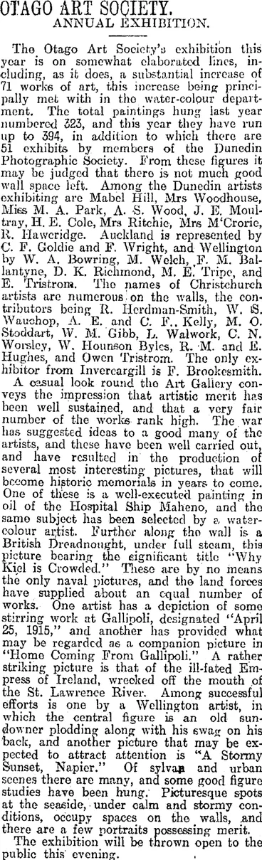 Image: OTAGO ART SOCIETY. (Otago Daily Times 8-11-1915)