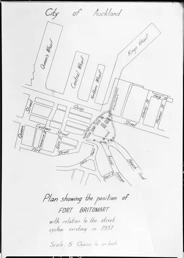 Image: Plan showing the position of Fort Britomart in relation to the street system existing in 1937