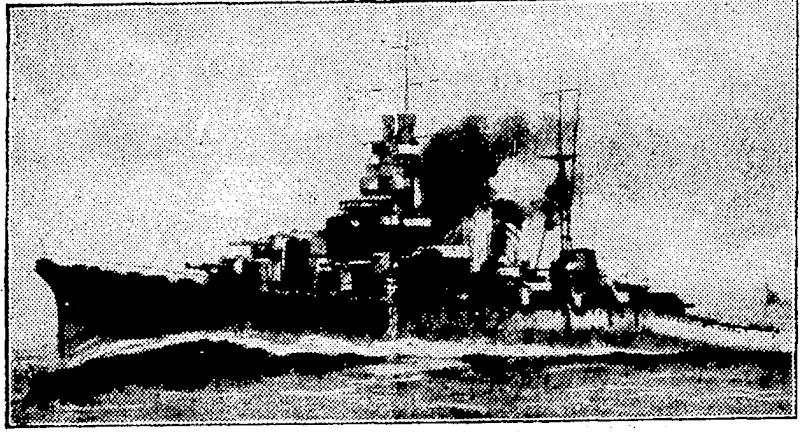 liSscriDimj tiia Rinujasa, an tnynsii expert says,- under the heading "Baronial Castles, Dore Towers, Flat Irons, and Candlesticks on a Floatinfl Platform which seems to have a Broken Back!":—"After modelling their warships along British lines for over twenty years, the Japanese have recently produced some startingly original types of cruisers. The Kinugasa seems all curves. From her curious bows the deck runs aft in a series of waves, dipping down at the third turret in a gentle slope to the stern. The hull side is slightly wedge-shaped, with six torpedo ports on either side, and the mast a coneshaped structure hidden by control-tops and searchlight platforms. Abaft the tripod after-mast is a hangar, and the very tall derrick is to handle a 'plane." (Evening Post, 22 September 1928)