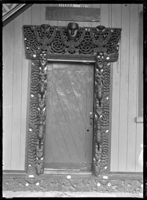 Closeup view of the doorway of Te Tikanga a Tawhiao meeting house at Ngatira, South Waikato