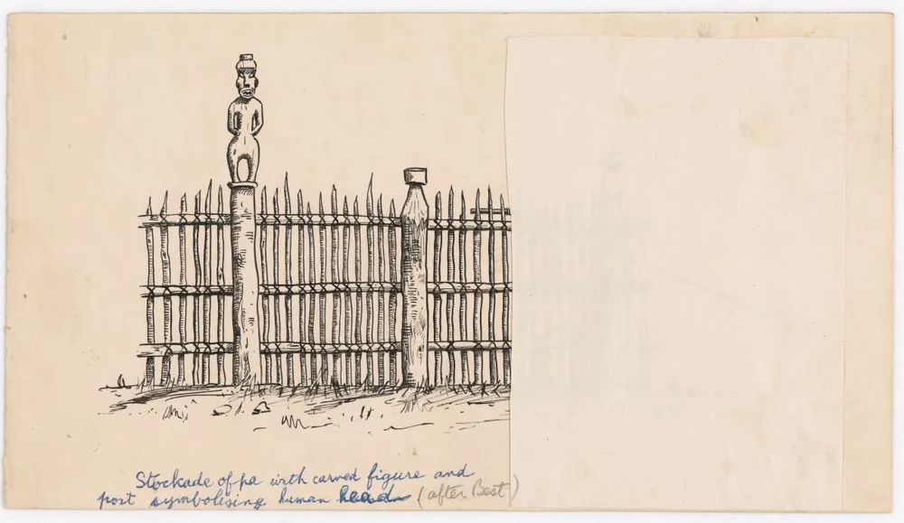 Stockade of Pa with carved figure and post symbolising human head (after Best)