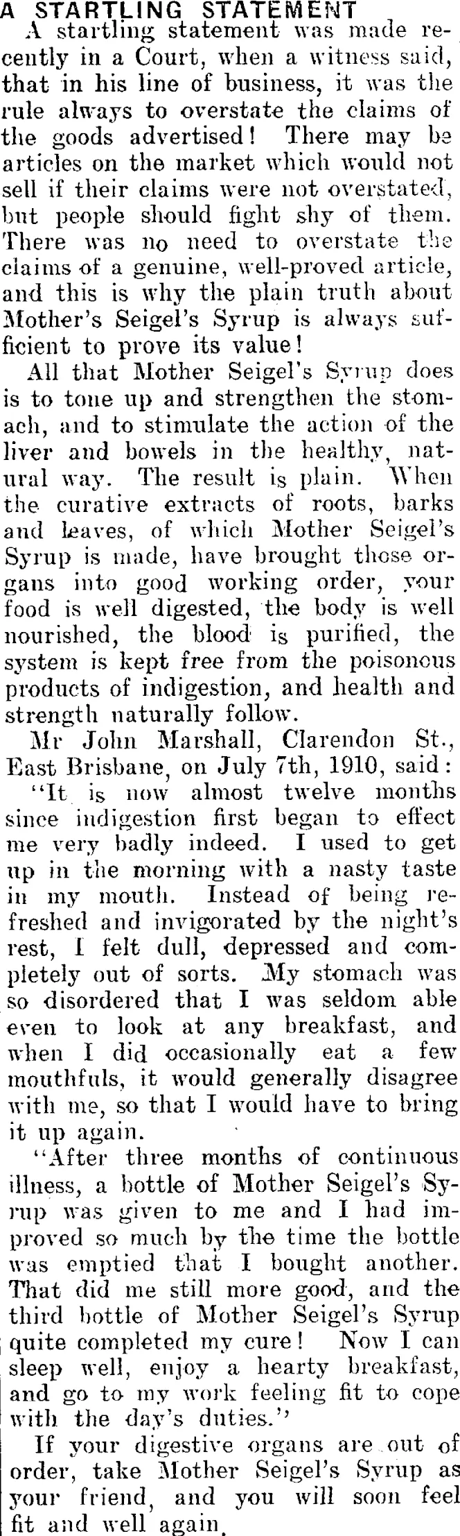 A STARTLING STATEMENT. (Mataura Ensign 10-6-1911)