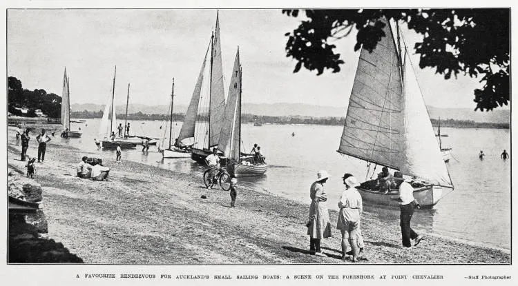 A favourite rendezvous for Auckland's small sailing boats: a scene on the foreshore at Point Chevalier