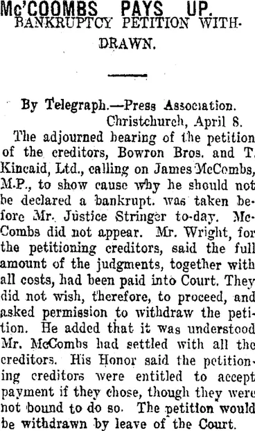 Image: Mc'COOMBS PAYS UP. (Taranaki Daily News 9-4-1918)