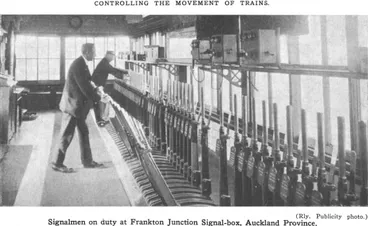 Controlling The Movement Of Trains. — (Rly. Publicity photo.) — Signalmen on duty at Frankton Junction Signal-box, Auckland Province Image: Controlling The Movement Of Trains. — (Rly. Publicity photo.) — Signalmen on duty at Frankton Junction Signal-box, Auckland Province