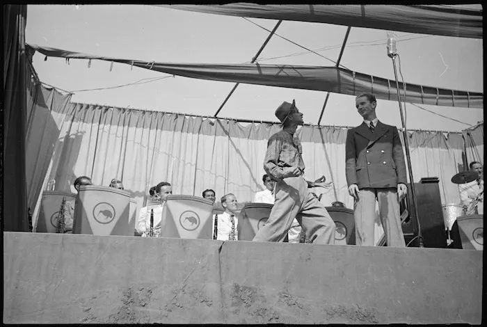 'Mr Gruffy', Kiwi Concert Party sketch with John Reid and Red Moore, Volturno Valley, Italy - Photograph taken by George Kaye