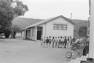 Image: Children lined up, Wainuiomata School, Lower Hutt, New Zealand - Photograph taken by John Nicholson