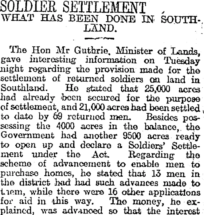 SOLDIER SETTLEMENT (Otago Daily Times 14-2-1919)