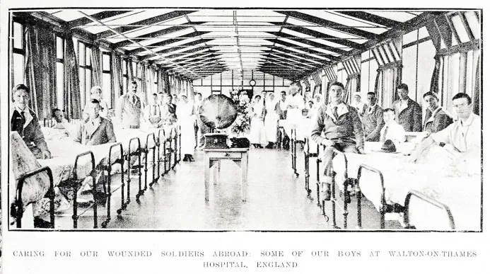 Caring for our wounded soldiers abroad: some of our boys at Walton-on-Thames Hospital, England