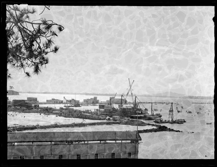Auckland Harbour Bridge construction, Shelly Beach, 1956