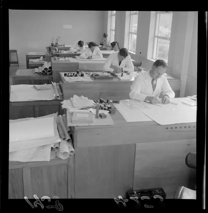 Unidentified workers [cartographers?] at the office of the Geological Survey Department in Lower Hutt, Wellington Region