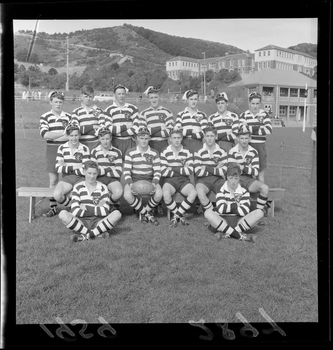 Portrait of Christ's College rugby union football team, at Wellington College, Mount Victoria, Wellington