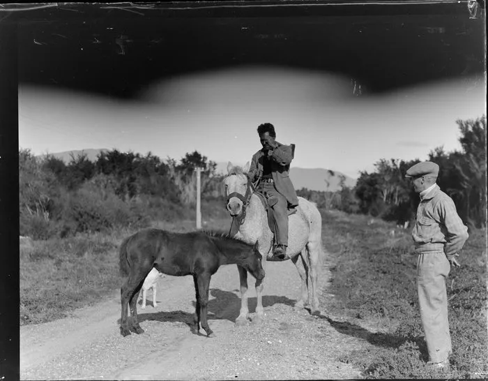 Māori man on horseback, Tūrangi area