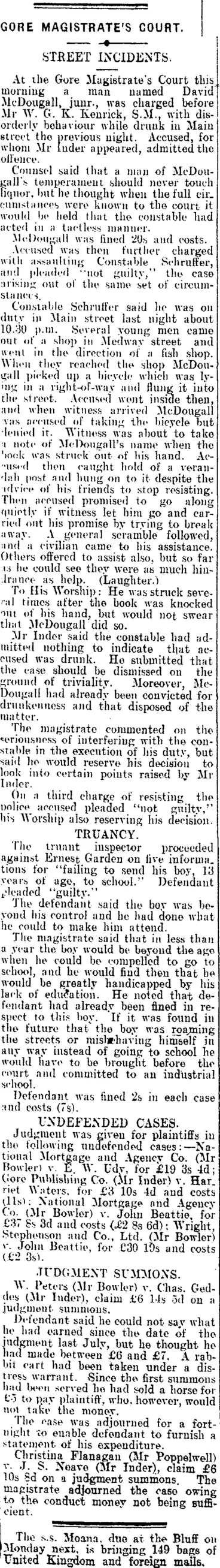 Image: GORE MAGISTRATE'S COURT. (Mataura Ensign 9-9-1909)