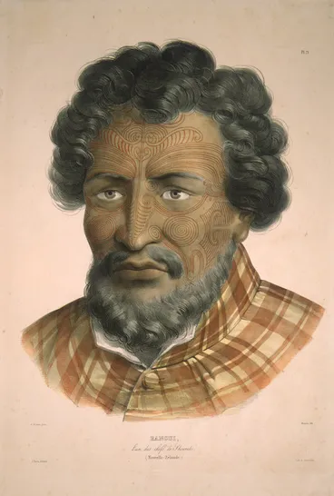 Image: Sainson, Louis Auguste de 1800- :Rangui, l'un des chefs de Shouraki (Nouvelle Zelande). / de Sainson pinx[it]; Maurin lith[ographe]. Pl[ate] 71. J. Tastu, editeur; Lith. de Lemercier. [Paris, J. Tastu, 1833].