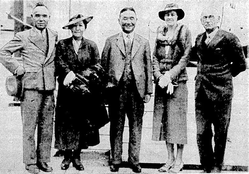 Evening .Post" Photo. 'Among the passengers on the Awatea yesterday were two 'Eastern delegates to the New Zealand Rotary Conference. From left, Dr. K. S. I nui. representing China, Mrs. I nui, and Mr. Yozo Nomura,repre-. senting Japan, who were welcomed on arrival by Mrs. and Mr. H. E. Anderson, the latter being president of the Wellington Rotary Club: (Evening Post, 23 February 1937)