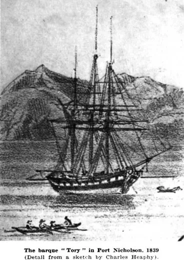 Image: The barque “Tory” in Port Nicholson, 1839 — (Detail from a sketch by Charles Heaphy)