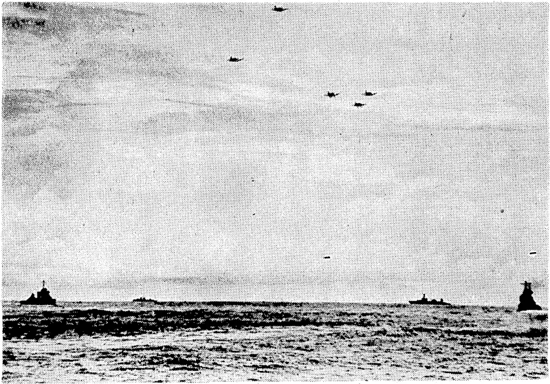 War planes launched from a United States navy aircraft-carrier over the fleet on tlie way to attack the . . Japanese. (Evening Post, 08 June 1942)