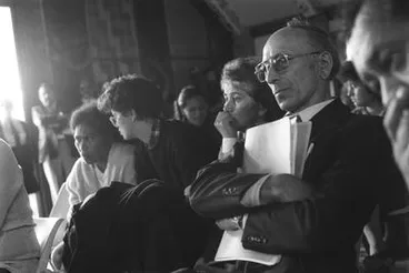 Image: Ranginui Walker and group listening. Waitangi Tribunal, Ōrākei Marae