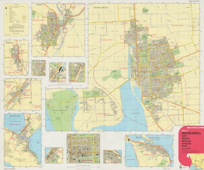 Map of Invercargill, Gore, Winton, Mataura, Riverton, Bluff.